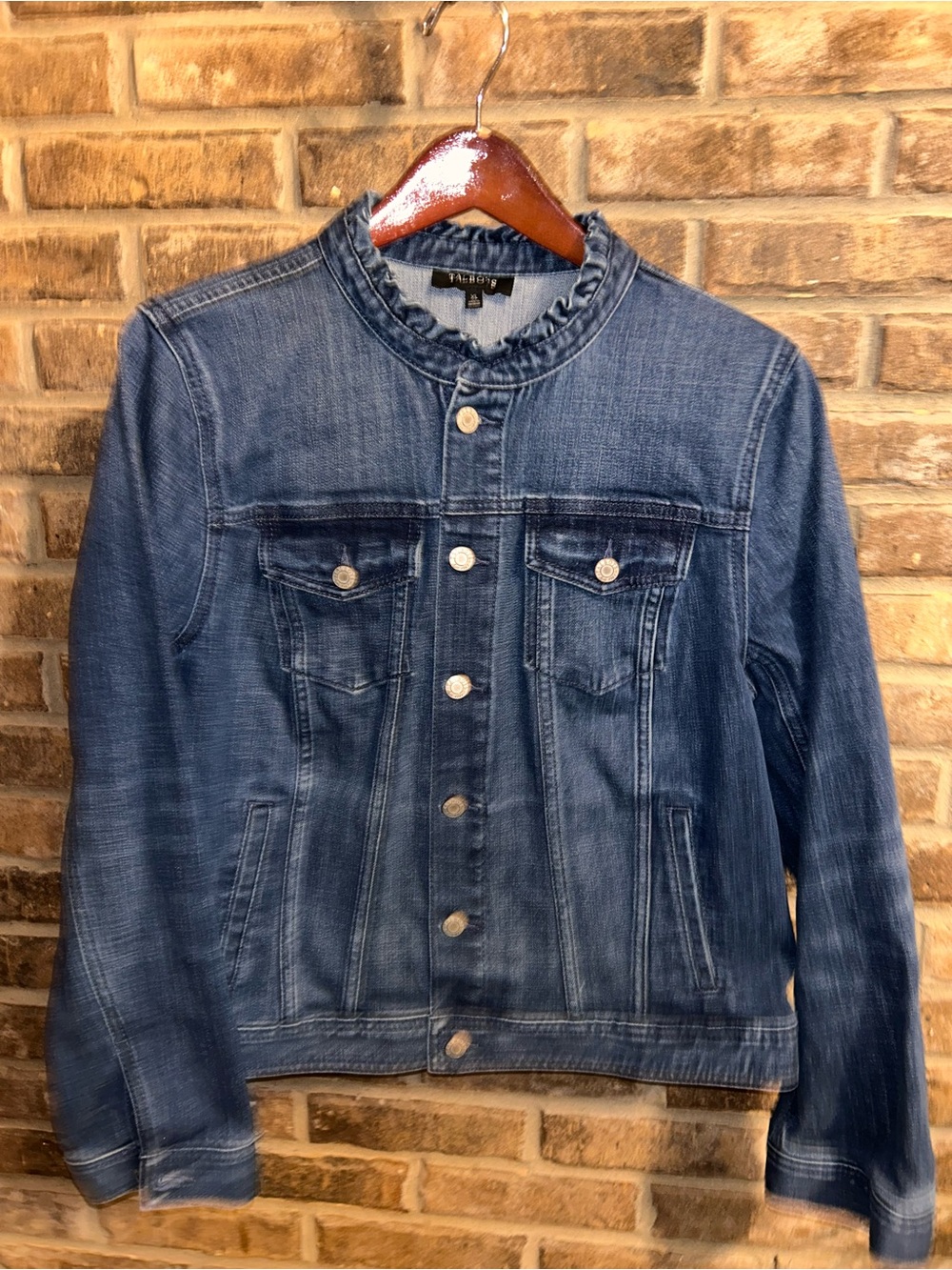 Talbots Indigo Blue Denim Jacket with Ruffle Collar